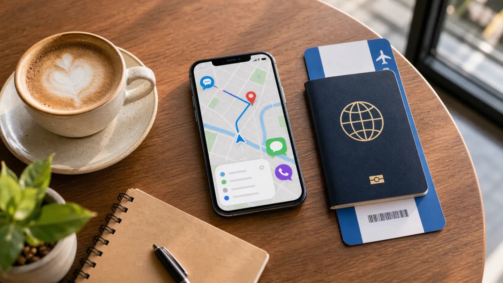 Smartphone with map, call and message icons beside a passport and boarding pass