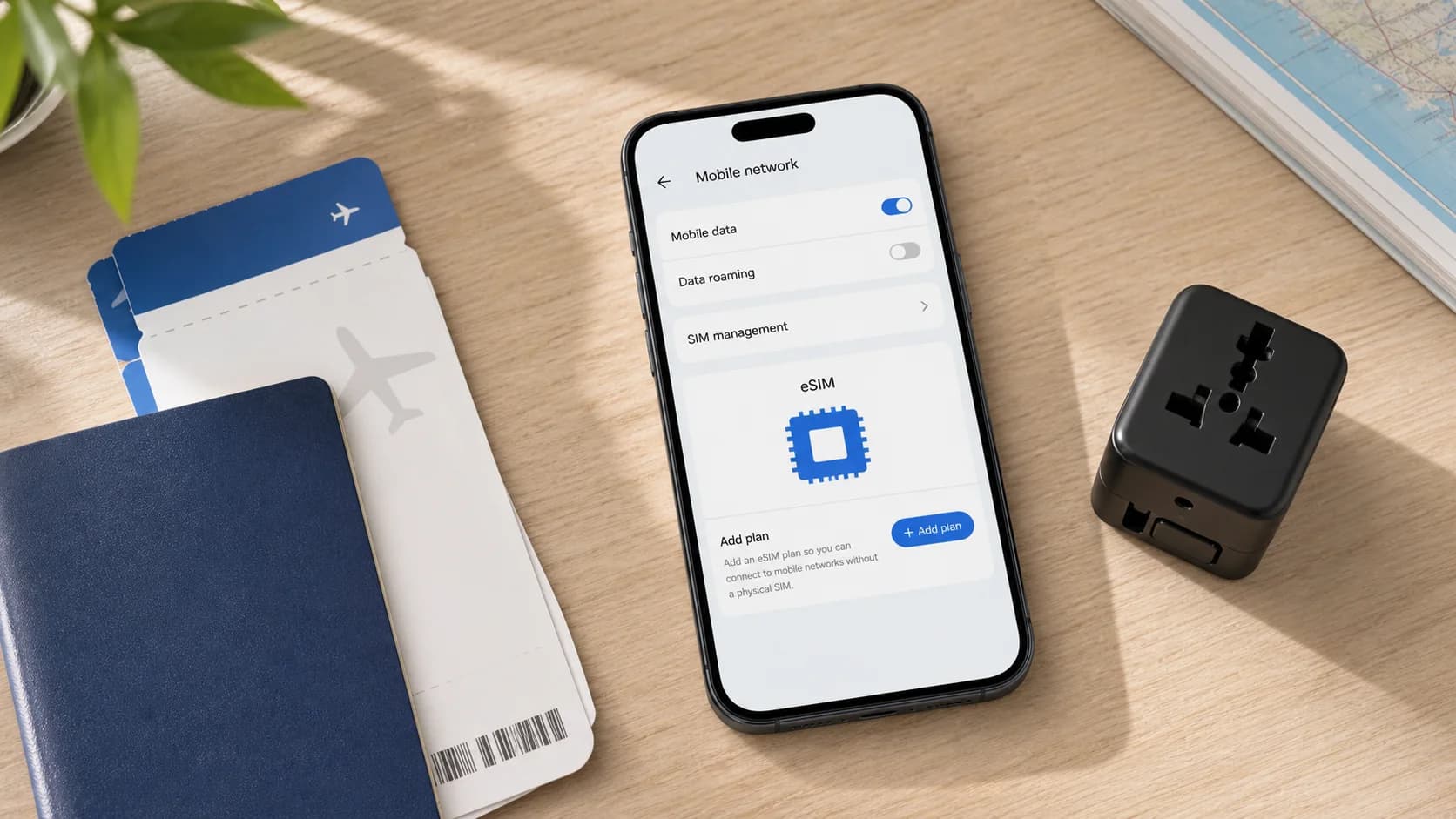 Phone open to eSIM settings beside a passport and travel adapter