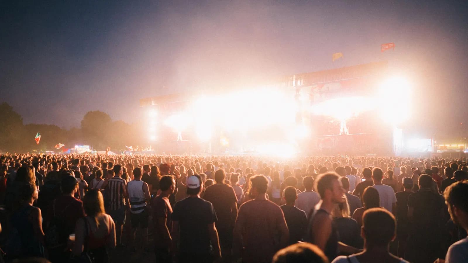 Festival crowd watching an outdoor concert in Budapest at night