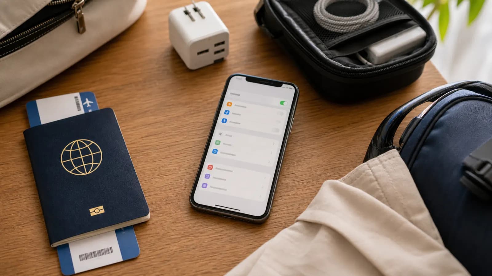 Traveler checking eSIM settings beside a passport, boarding pass and charger before departure
