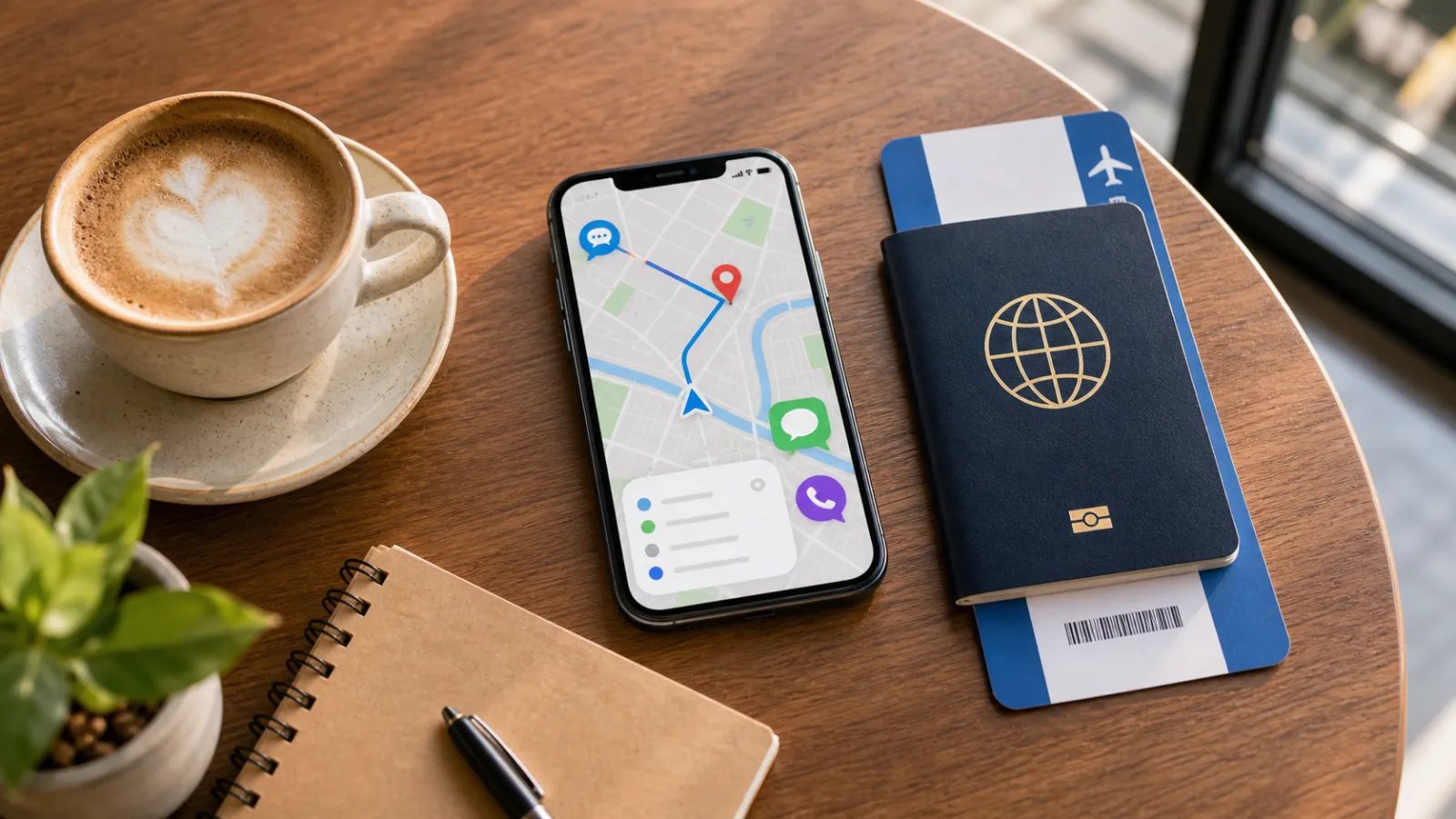 Smartphone with map, call and message icons beside a passport and boarding pass