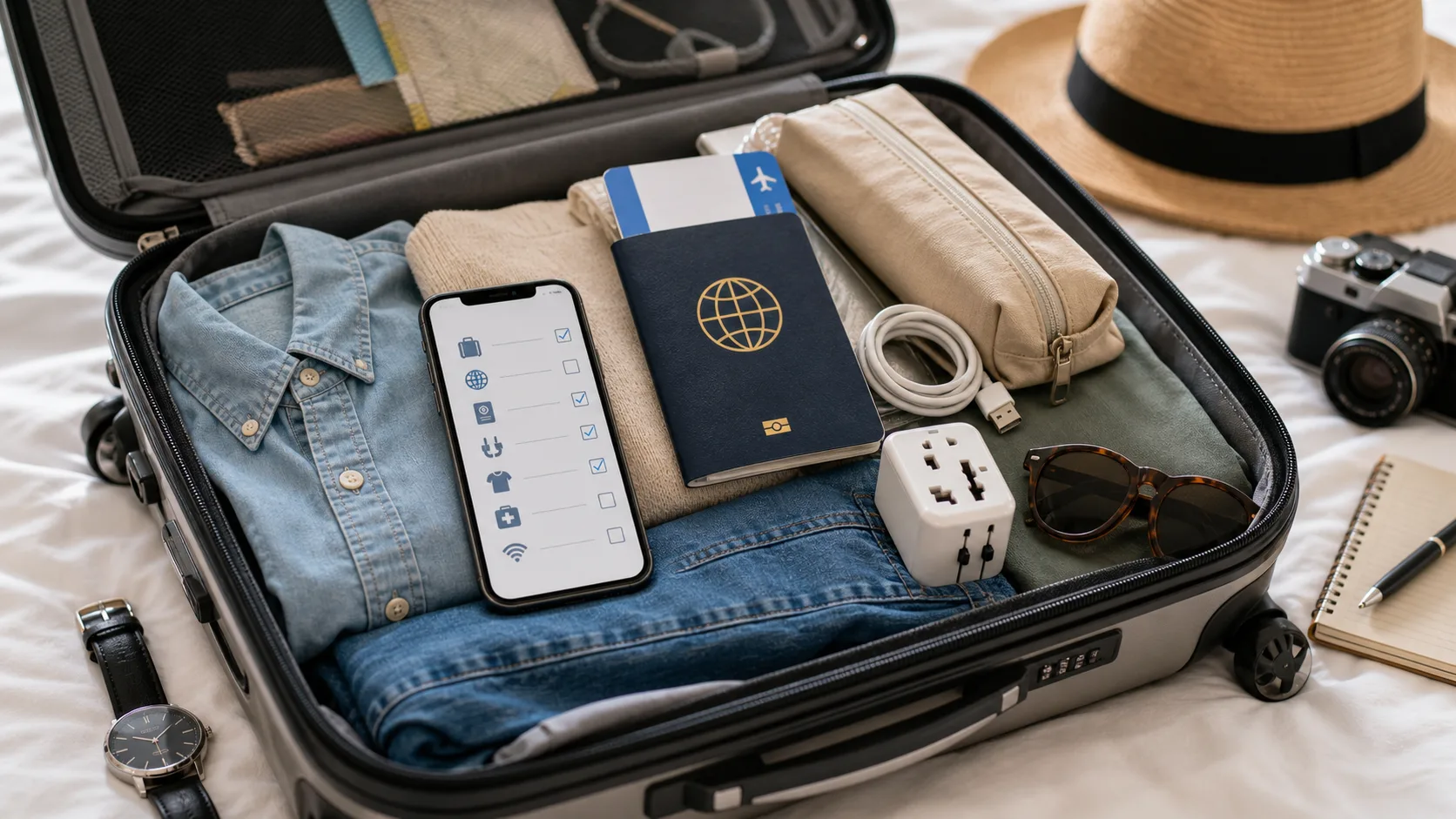 Open suitcase packed with passport, boarding pass, phone checklist, charger, adapter, and travel essentials