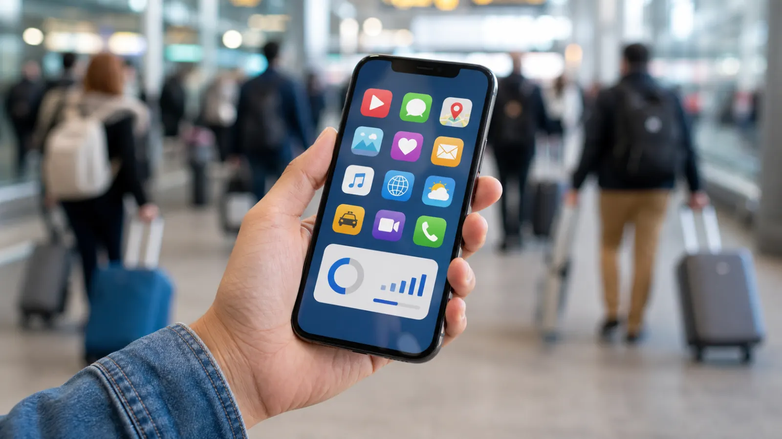 Traveler checking mobile data usage on a phone at an airport