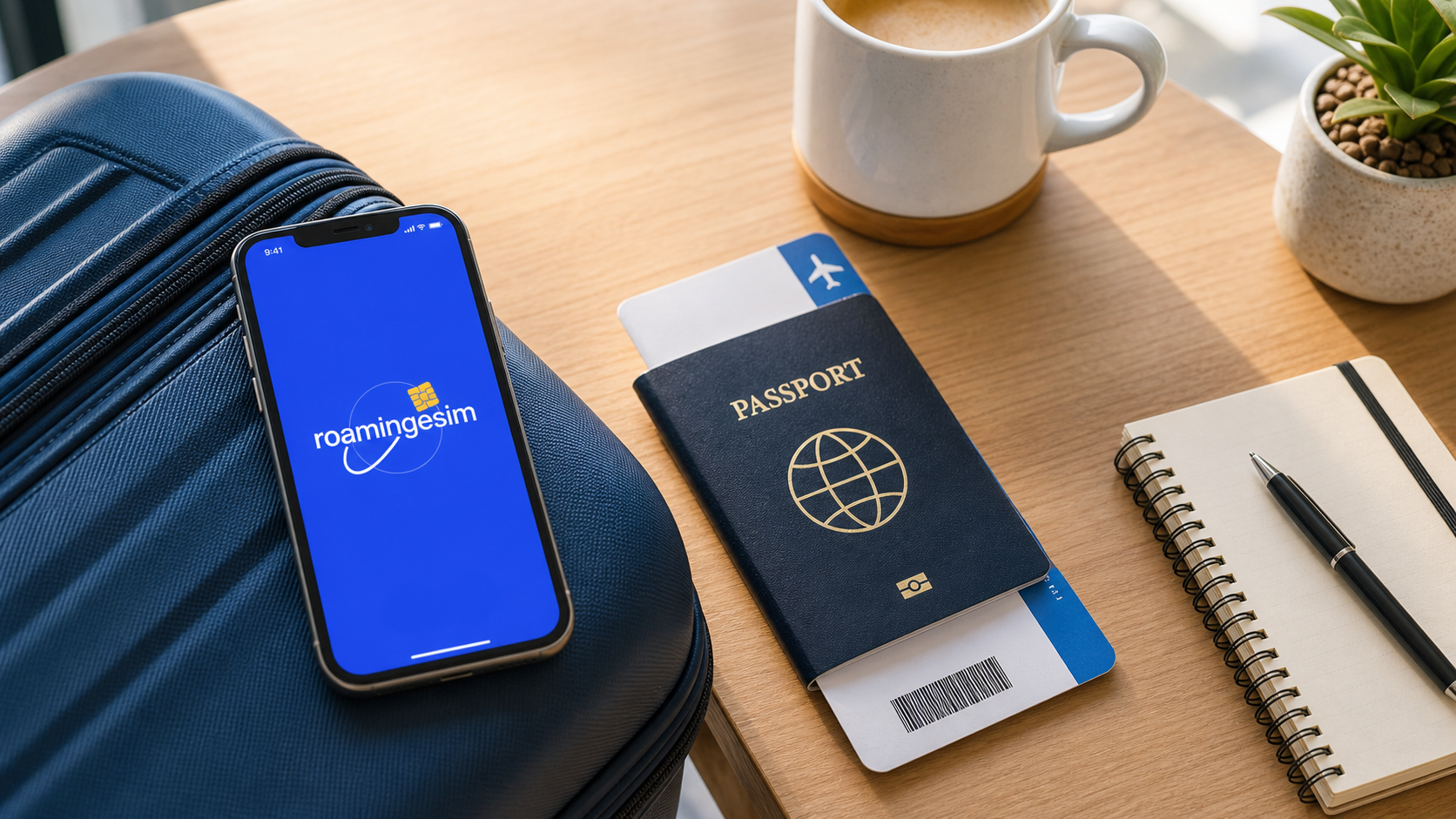 Phone showing RoamingeSIM logo beside suitcase, passport, boarding pass, and coffee
