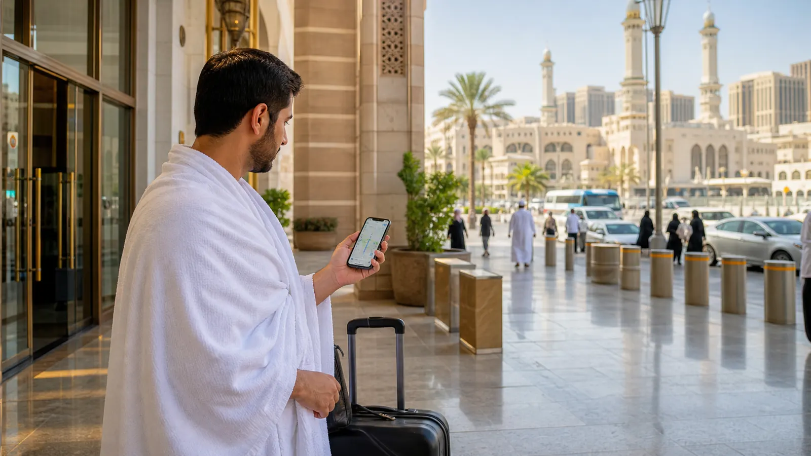 Pilgrim checking directions on a phone during an Umrah trip